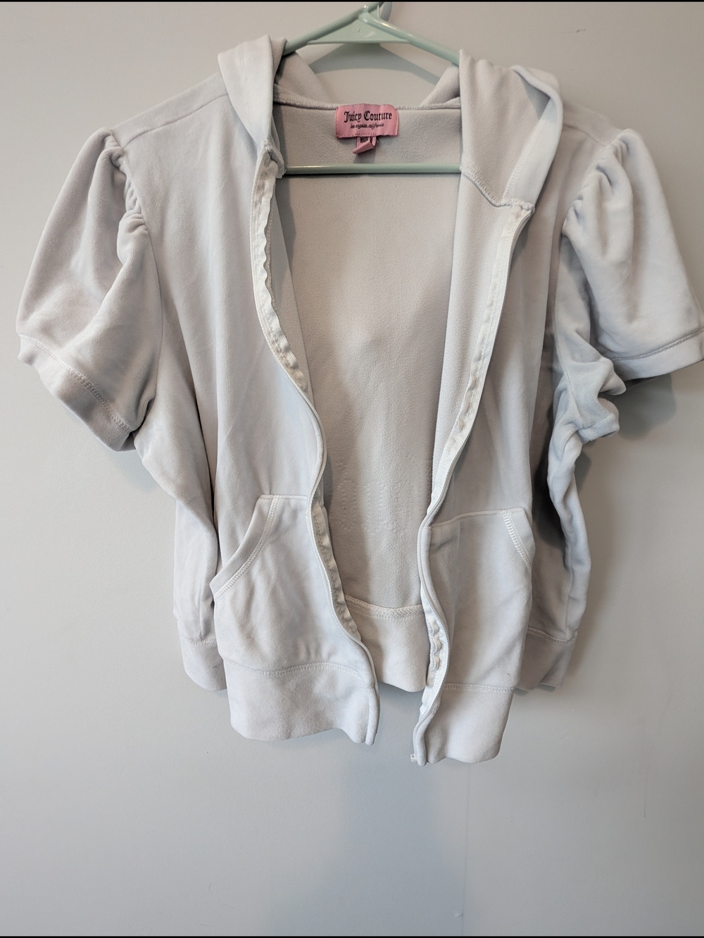 Juicy Couture Light Gray Hoodie Zip-Up with Puff Sleeves Velour MISSING ZIPPER